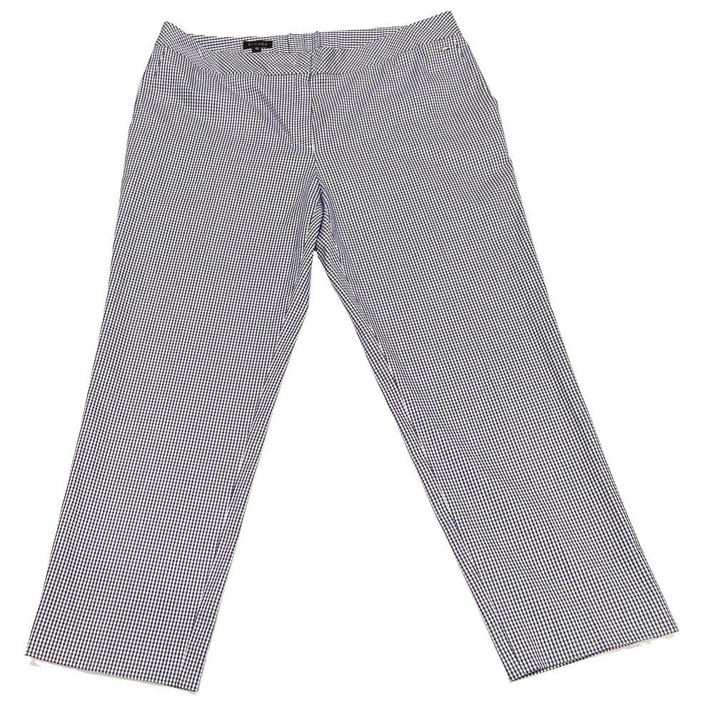 Escada Sport Gingham Check Pants Navy White Stretch Cotton Straight Leg Size 42